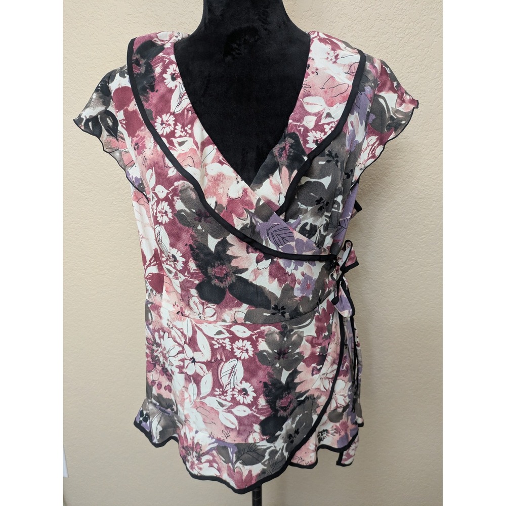 Axcess Women XL Floral Wrap Top Pink Purple Ruffle V-Neck Cap Sleeve Blouse